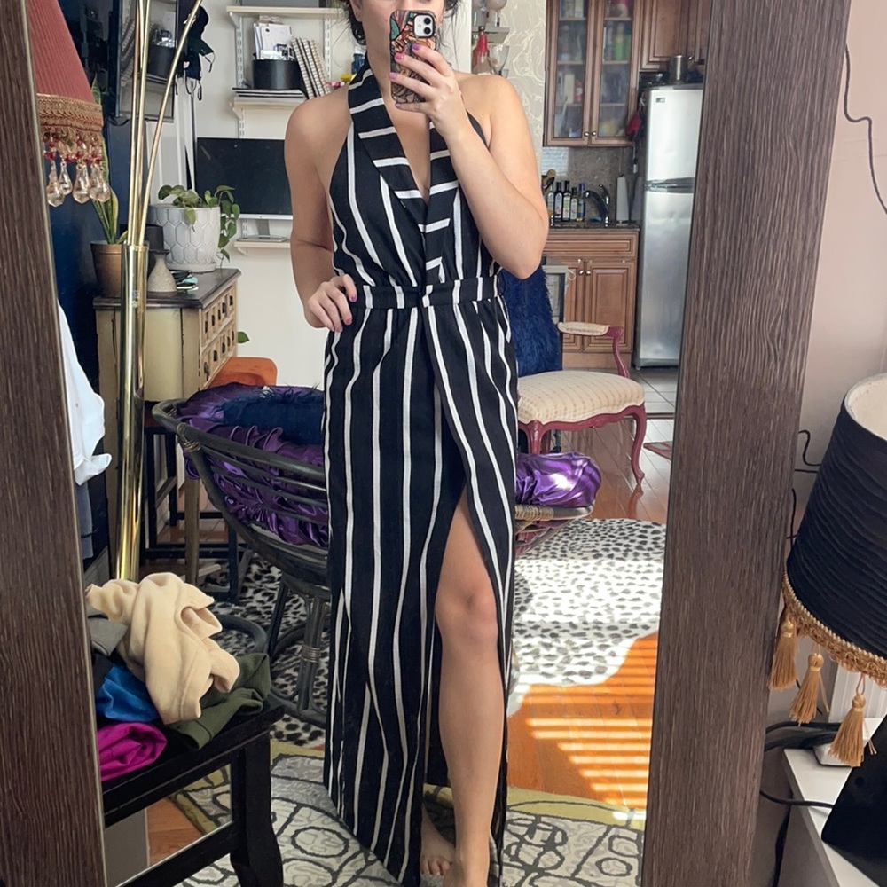 Revolve Linen black/cream halter dress - size M